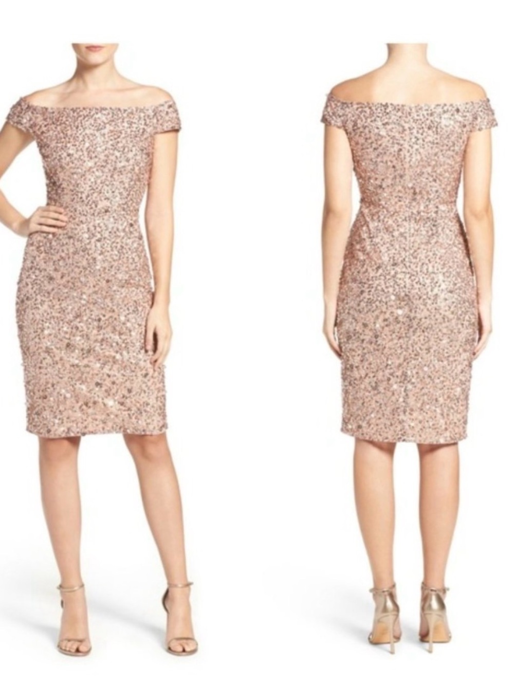 Adrianna Papell Rose Gold Sequin Off-Shoulder Dress Size 6
